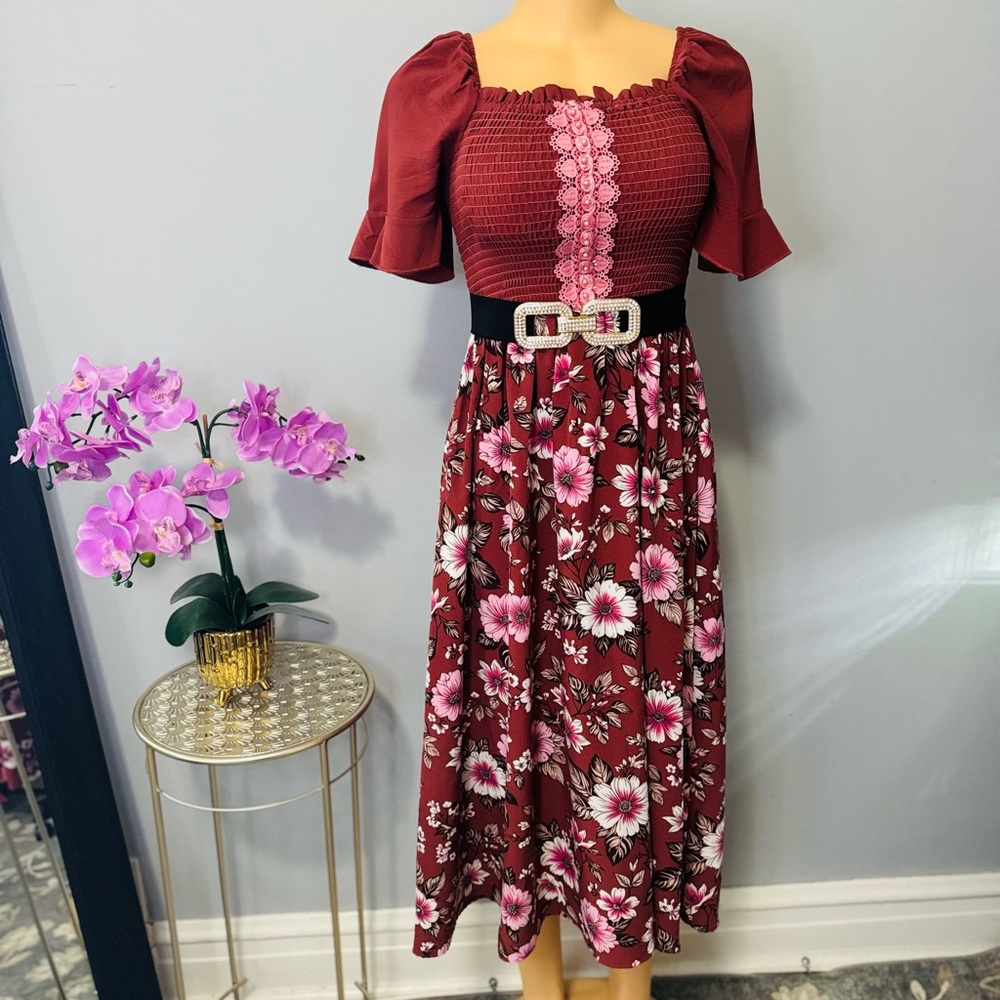 Elegant Burgundy Floral Dress no belt